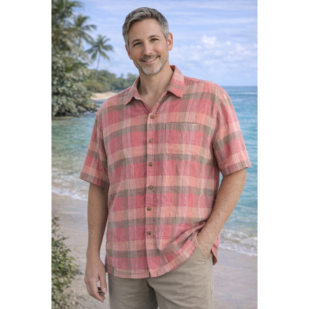 Tommy Bahama Men XL 100% Linen Camp Shirt Coral Pink Plaid Short Sleeve Hawaiian